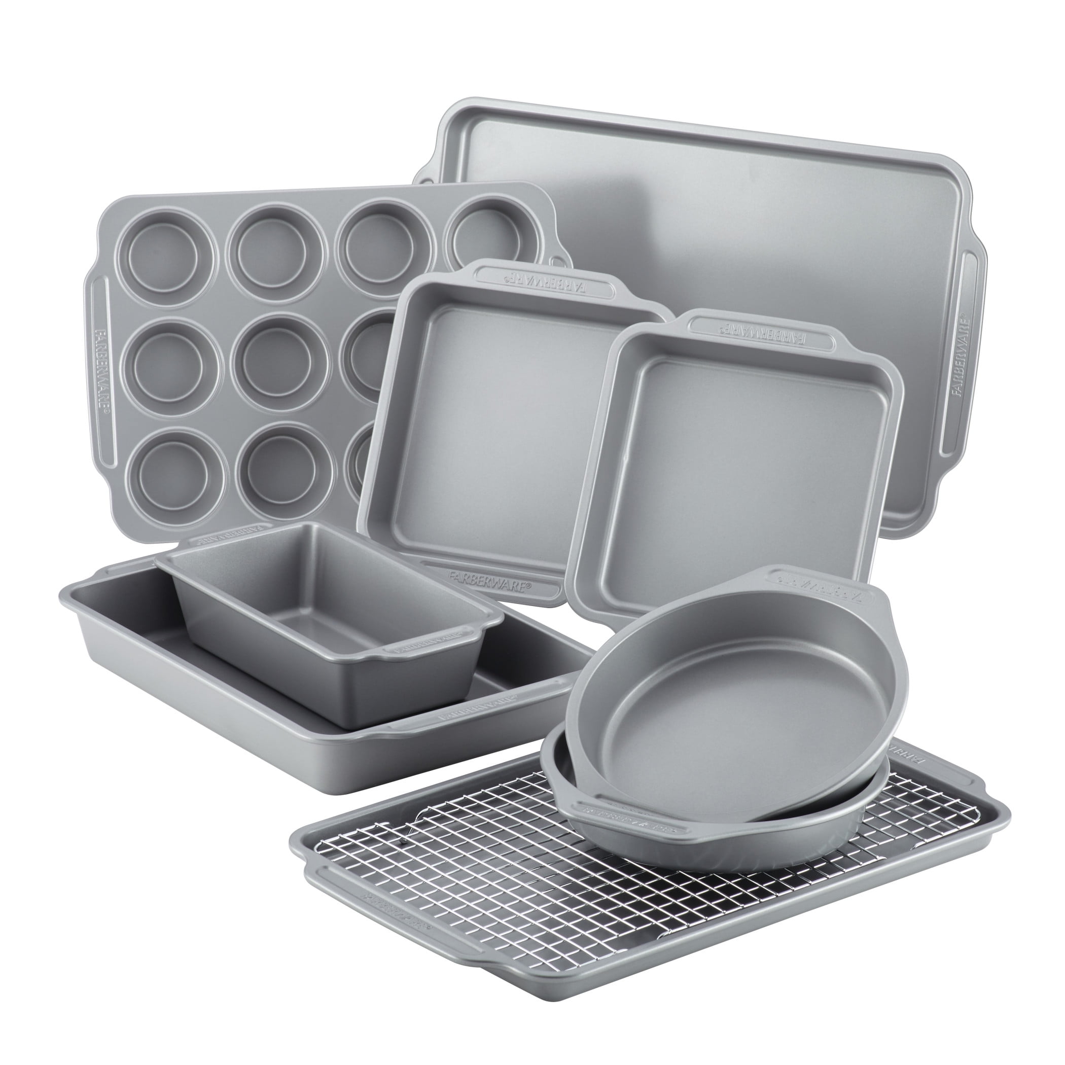 10-Piece Nonstick Bakeware Set with Cooling Rack, Grey