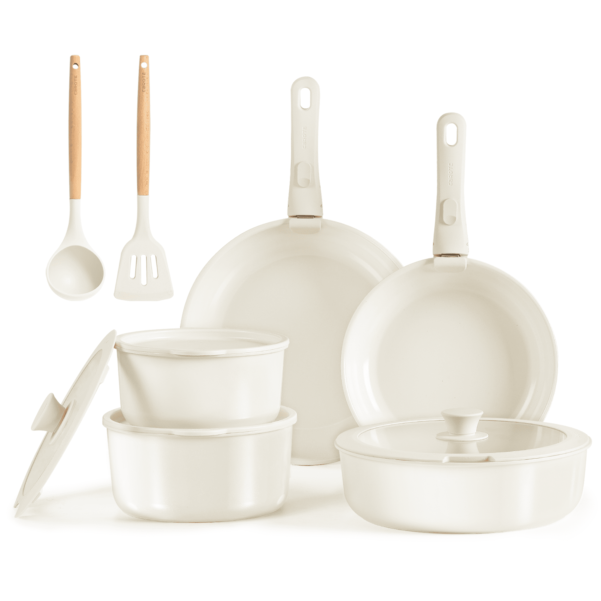 13-Piece Ceramic Cookware Set, Detachable Handle Pots and Pans Set, Oven Safe, Cream White