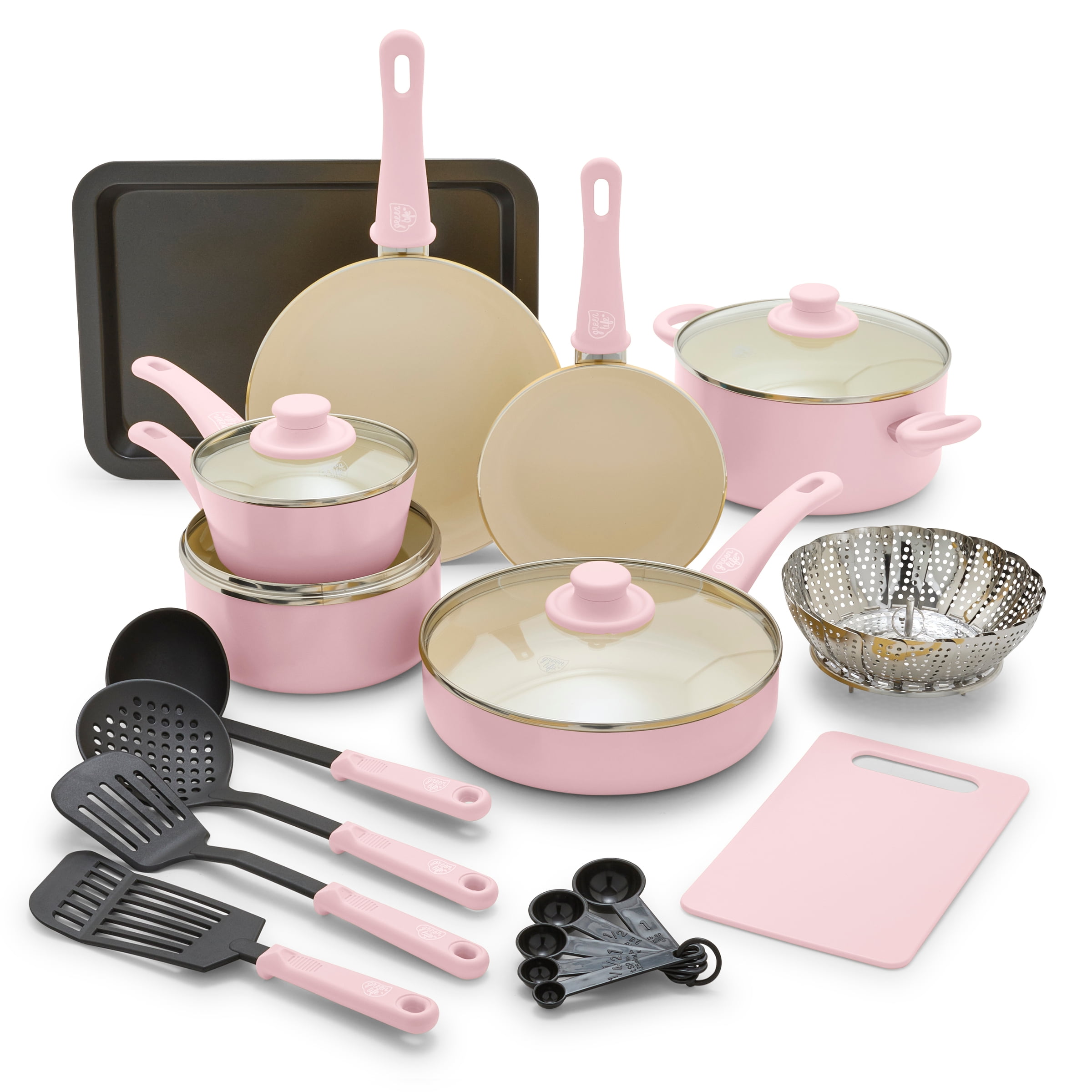 18-Piece Soft Grip Toxin-Free Healthy Ceramic Non-Stick Cookware Set, Pink, Dishwasher Safe