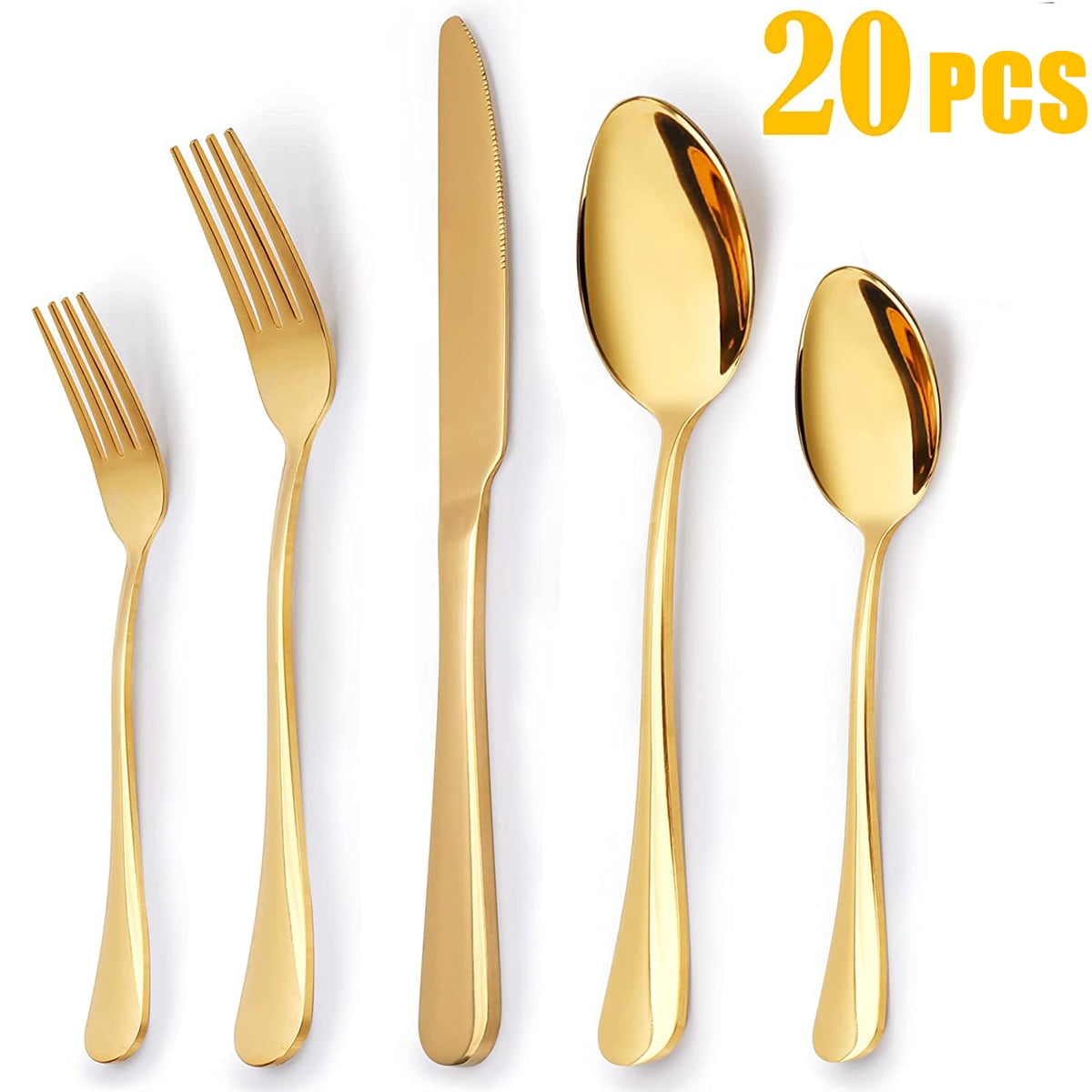20 Piece Silverware Set Service for 4, Stainless Steel Flatware Set, Mirror Polished Cutlery Utensil Set, Durable Home Kitchen Eating Tableware Set, Fork Knife Spoon Set, Dishwasher Safe, Gold