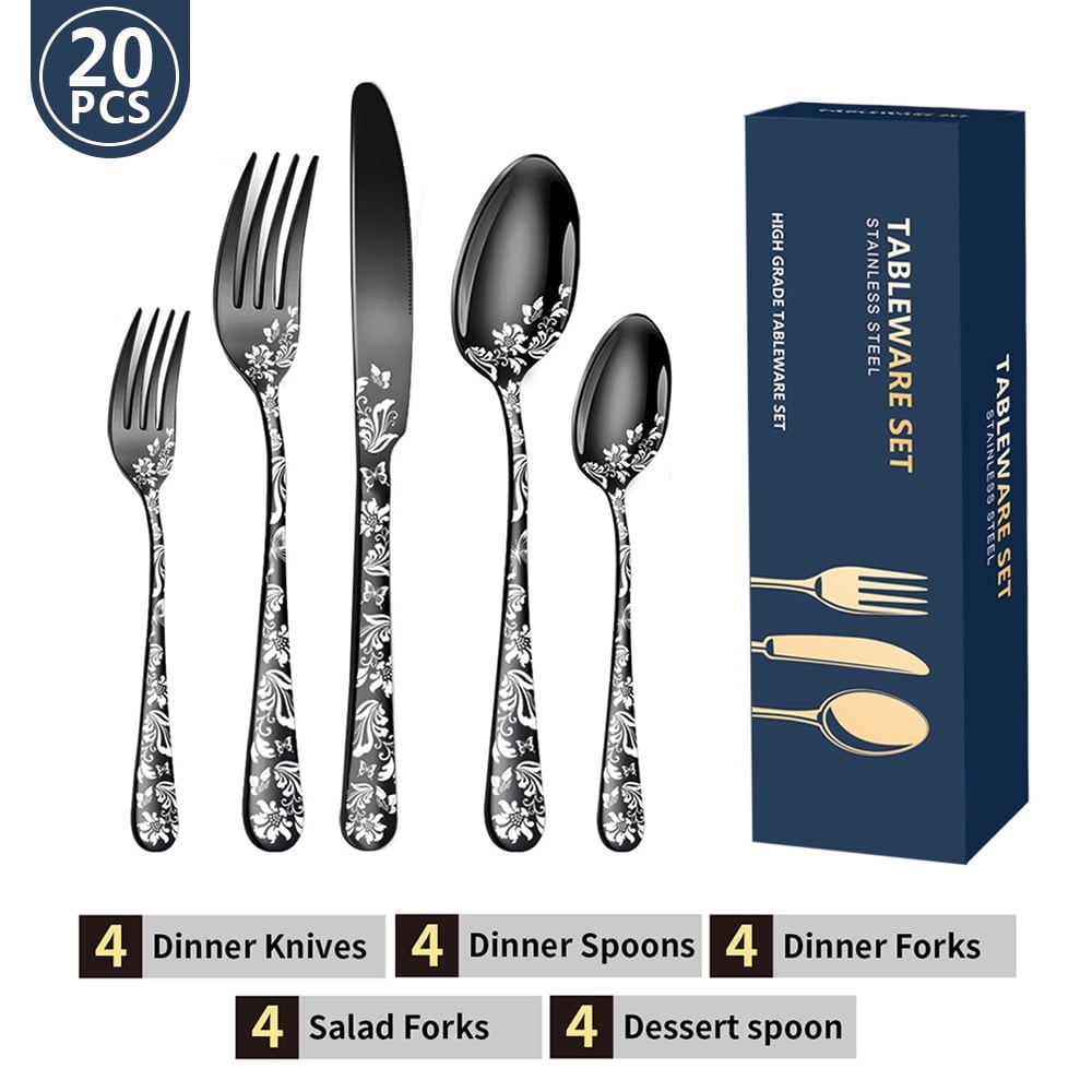 20PCS Stainless Steel Silverware Set, Mirror-Polished Cutlery Flatware Set 4 Knives 4 Forks 4 Spoons 4 Tea Forks 4 Teaspoons with Beautiful Flower Pattern for Kitchen Restaurant Party Black