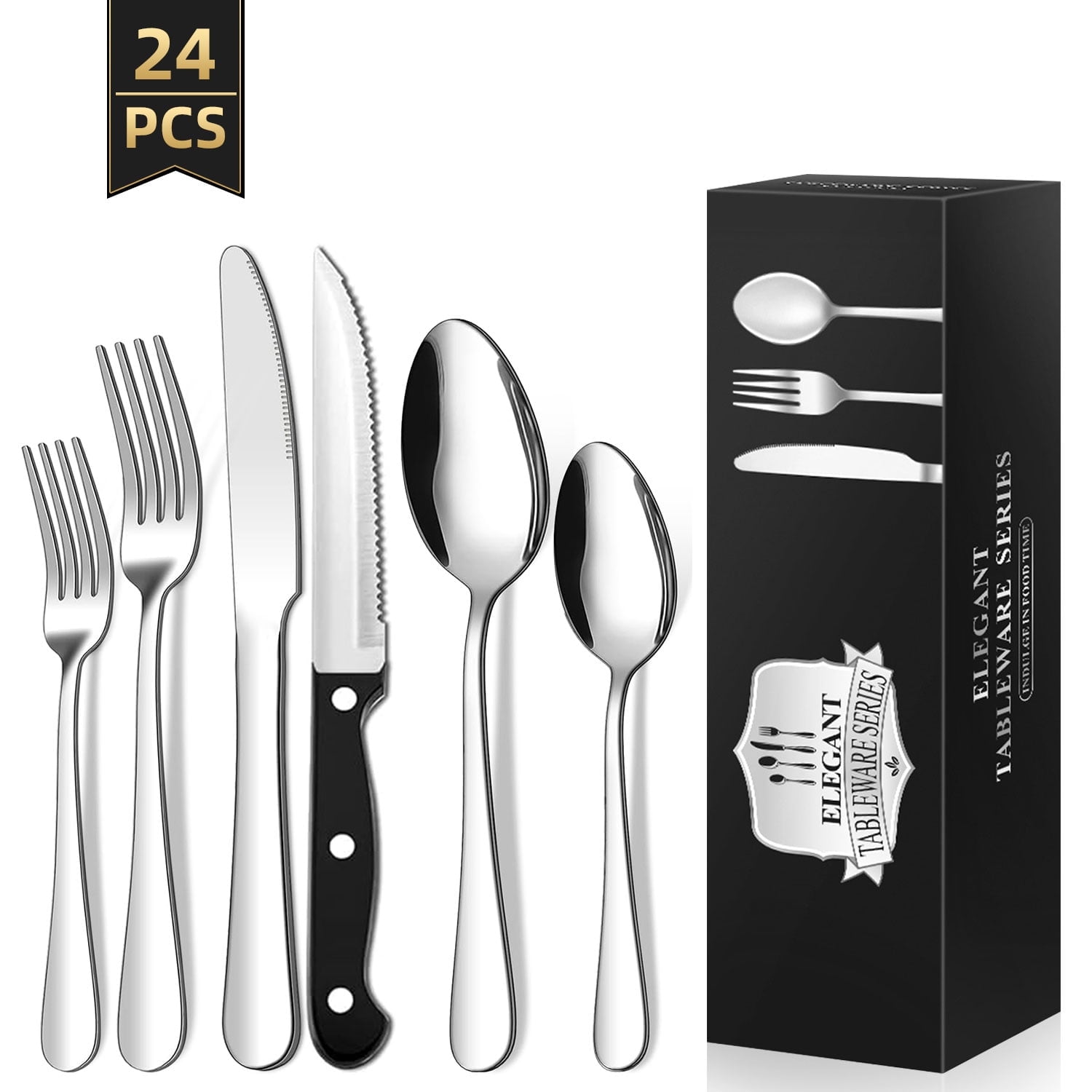 24 Piece Flatware Set for 4,  Stainless Steel Flatware Set, Mirror Polished Cutlery Utensil Set, Durable Home Kitchen Eating Tableware Set, Fork Knife Spoon Set,Dishwasher Safe-Silver
