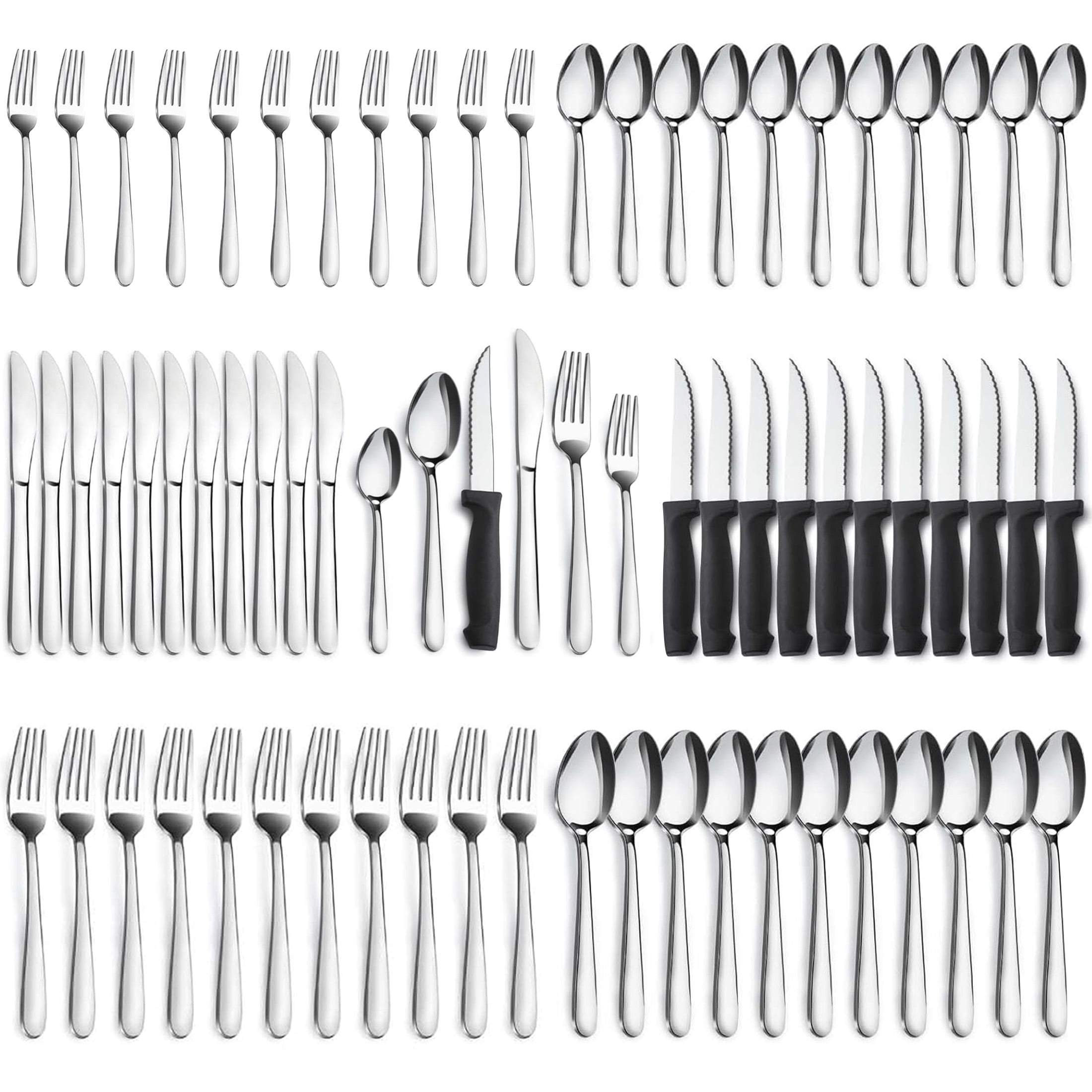 72 Pcs Silverware Set with Steak Knives for 12, Stainless Steel Flatware Cutlery Set, Include Forks Spoons and Knives Set, Utensil Sets for Home Kitchen Restaurant Hotel, Dishwasher Safe