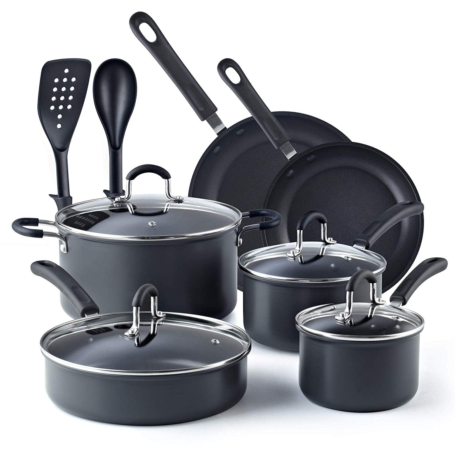 Pots and Pans Set Nonstick Professional Hard Anodized Cookware Sets 12-Piece, Dishwasher Safe with Stay-Cool Handles, Black