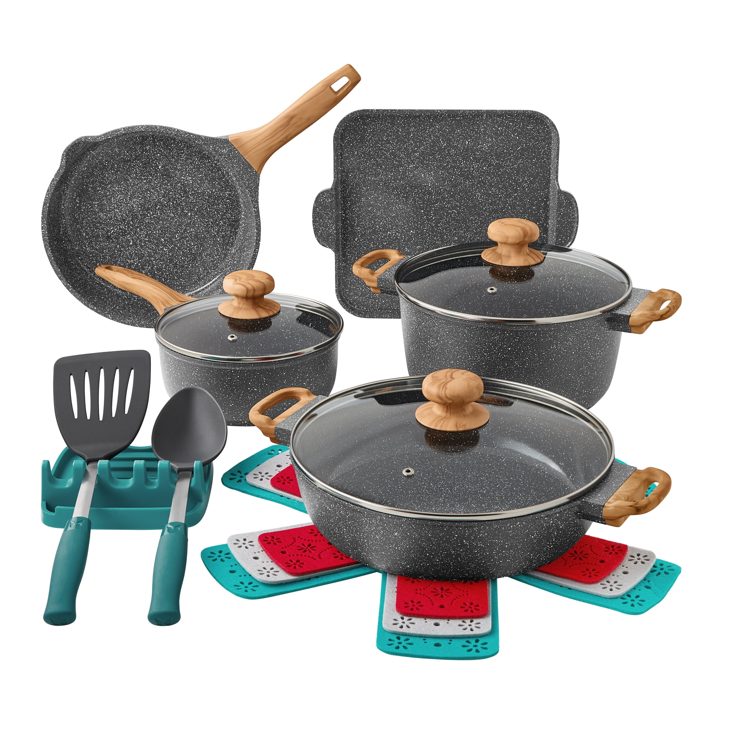 Prairie Signature 14-Piece Cast Aluminum Cookware Set, Charcoal Speckle