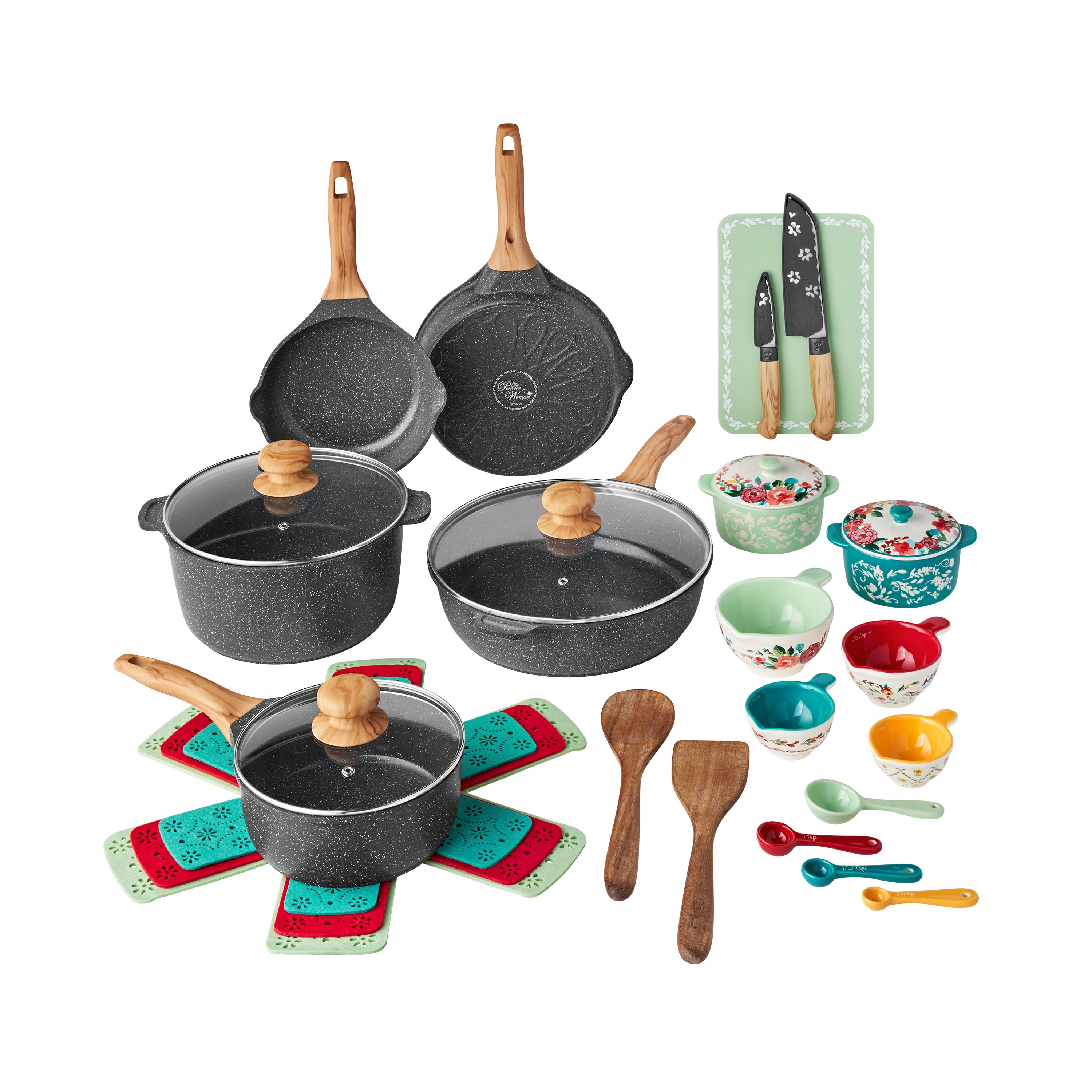 Prairie Signature 30-Piece Cast Aluminum Cookware Set, Charcoal Speckle